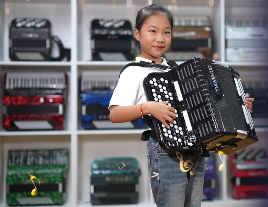 Young girl wearing a Tianshuo digital accordion